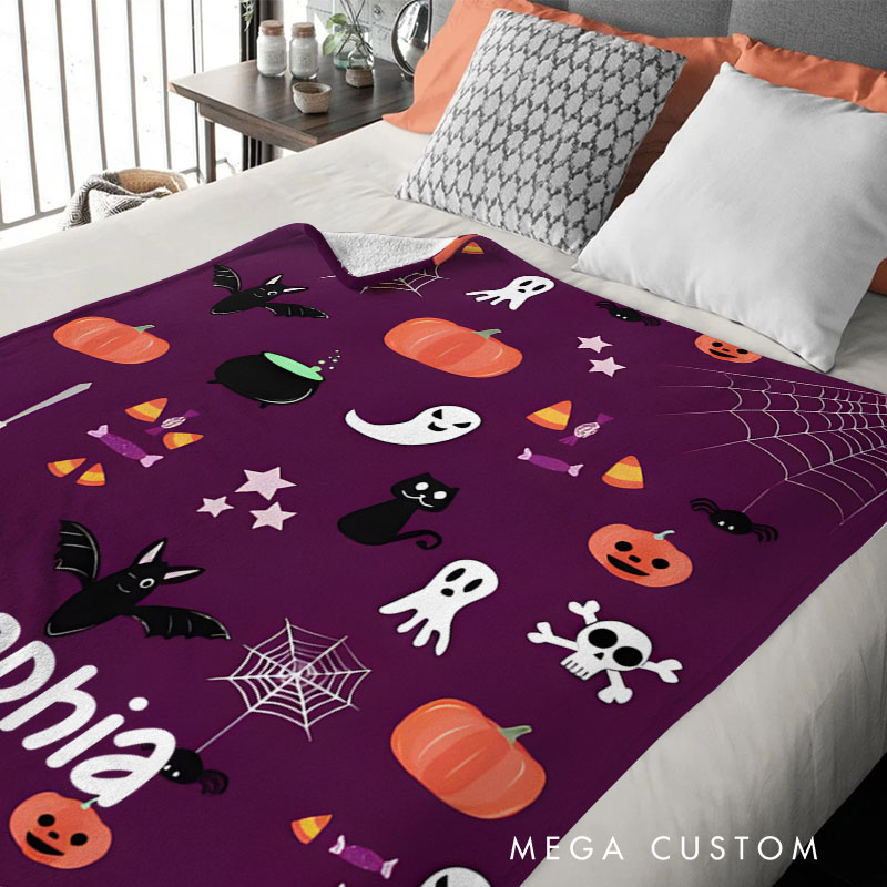 Personalized Purple Halloween Blanket Featuring Fun and Festive Seasonal Patterns for Decor