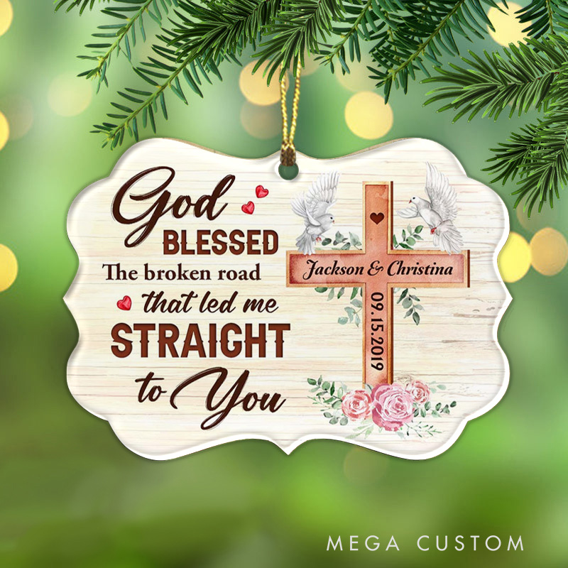 Personalized Cross Dove God Blessed the Broken Road Acrylic Ornament with Names and Date Religious Gift Christian Gift for Couple