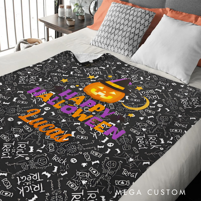 Personalized Halloween Pumpkin and Witch Hat Blanket Perfect for Spooky and Festive Seasonal Celebrations