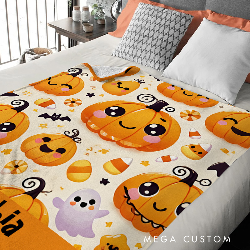 Personalized Cute Pumpkin Faces Blanket Perfect for Fun and Whimsical Halloween Celebrations