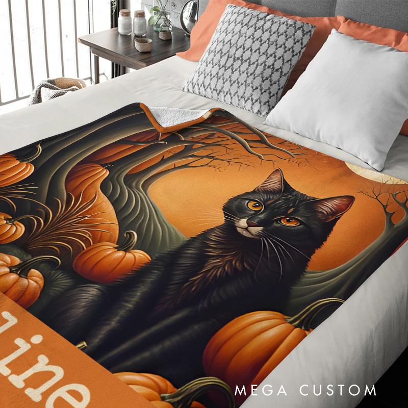 Personalized Black Cat and Pumpkin Blanket Ideal for Animal Lovers and Spooky Halloween Nights