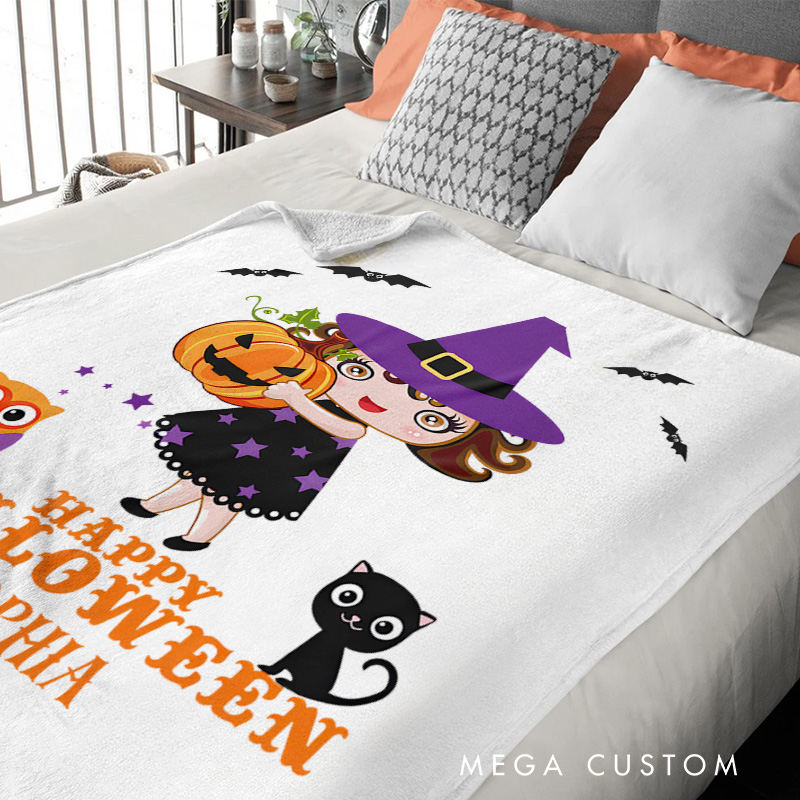 Personalized Cute Witch and Pumpkin Blanket Perfect for Playful and Festive Halloween Home Decorations