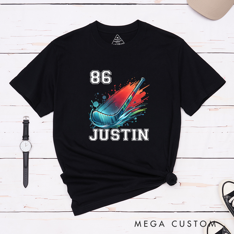 Personalized Athletic T-Shirt with Hockey Stick and Customizable Name