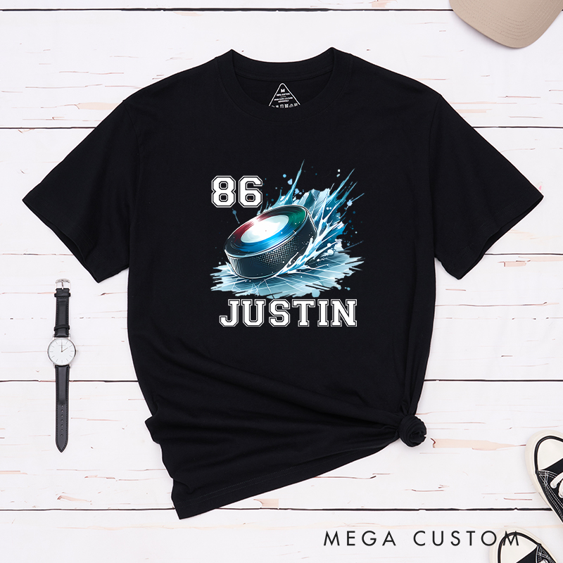 Personalized Hockey T-Shirt with Splashed Ice Puck Design and Custom Name