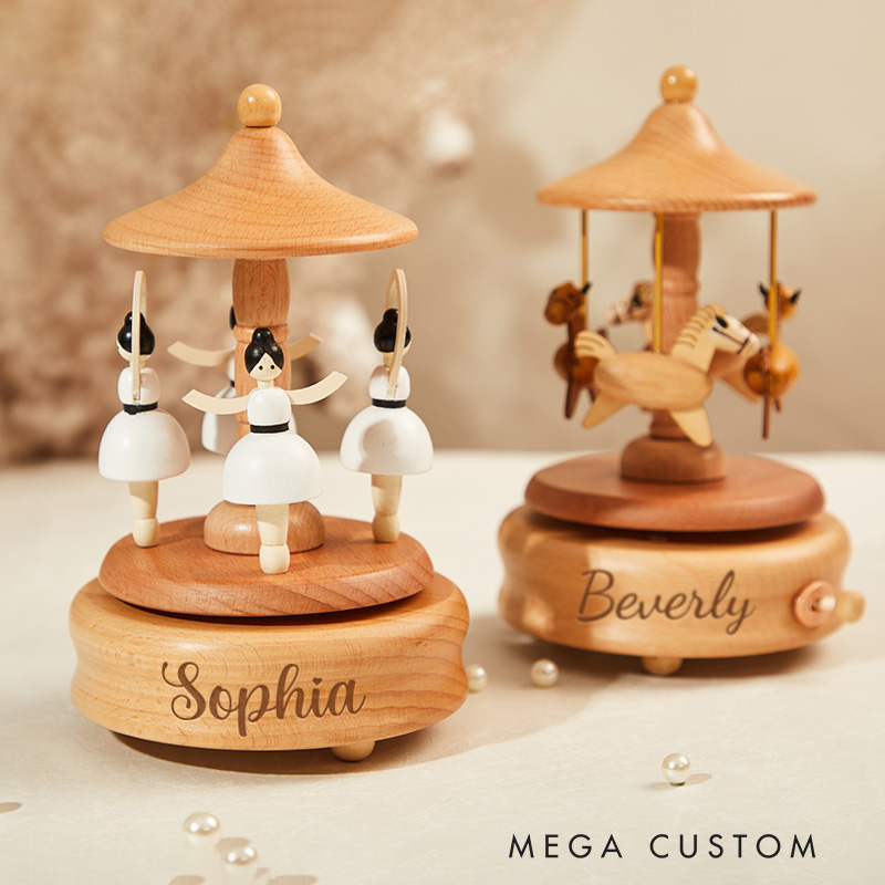 Personalized Musical Wooden Ballerina Carousel Keepsake Engraved Name Music Box Baby Shower Gift Newborn Gifts