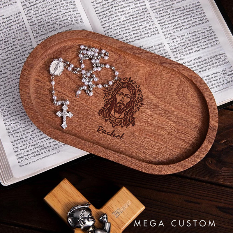 Personalized Jesus Wooden Rosary Tray with Engraved Name Religious Gift Birthday Gift for Christians
