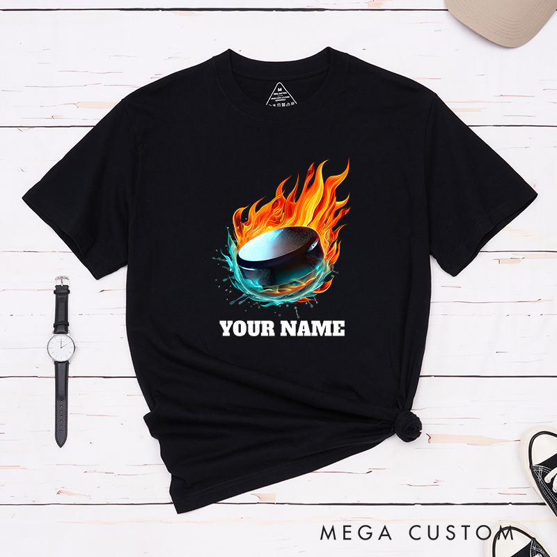 Personalized Flaming Hockey Puck T-Shirt with Custom Name  