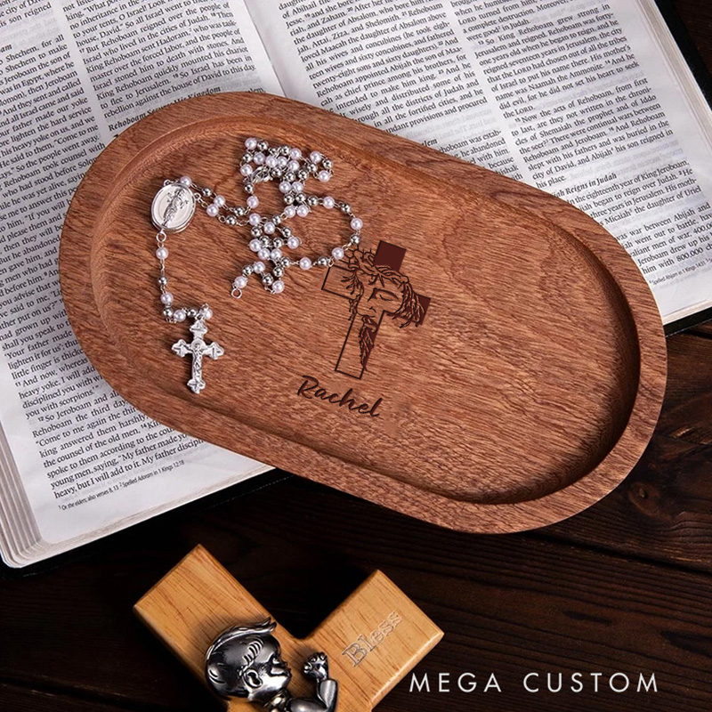 Personalized Jesus Cross Wooden Rosary Tray with Engraved Name Religious Gift Birthday Gift for Christians