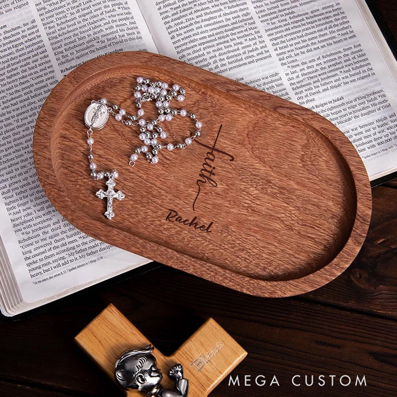 Personalized Faith Wooden Rosary Tray with Engraved Name Religious Gift Birthday Gift for Christians