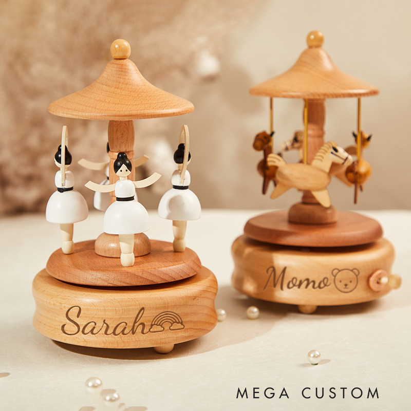 Personalized Musical Wooden Ballerina Carousel Keepsake Engraved Name Music Box Baby Shower Gift Christmas Gift