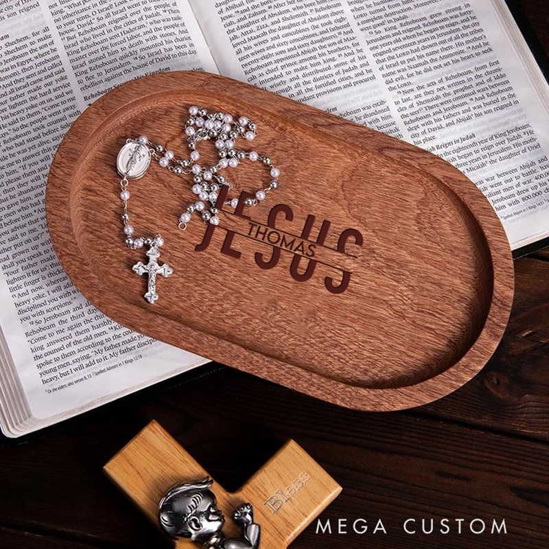 Personalized Jesus Wooden Rosary Tray with Engraved Name Religious Gift Faith Gift Birthday Gift for Christians