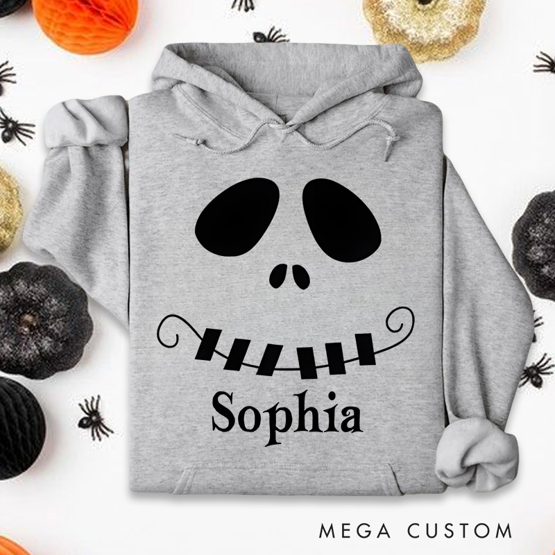 Personalized Mysterious Grinning Skull Illustration for Trendy Halloween Hoodies