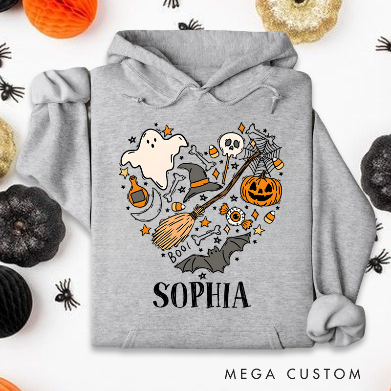 Personalized Enchanting Halloween Heart Collage with Ghosts and Pumpkins for Festive Hoodies