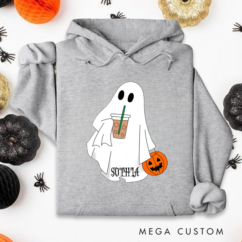 Personalized Ghost Enjoying Coffee Illustration for Cozy and Playful Autumn Hoodies