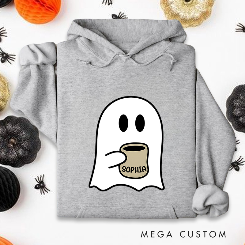 Personalized Coffee Loving Ghost Illustration for Relaxed and Cozy Autumn Hoodies