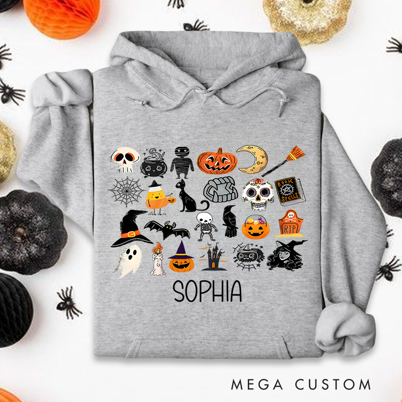 Personalized Halloween Icon Collage with Ghosts and Pumpkins for Festive Hoodies