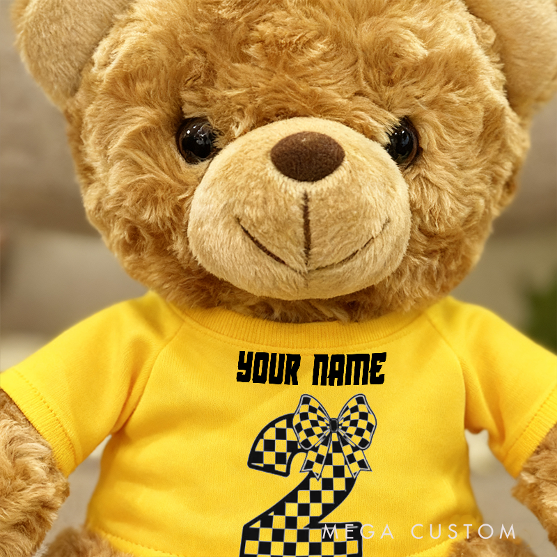 Personalized Racing Brown Bear Plush Toy Custom Birthday Age Gift