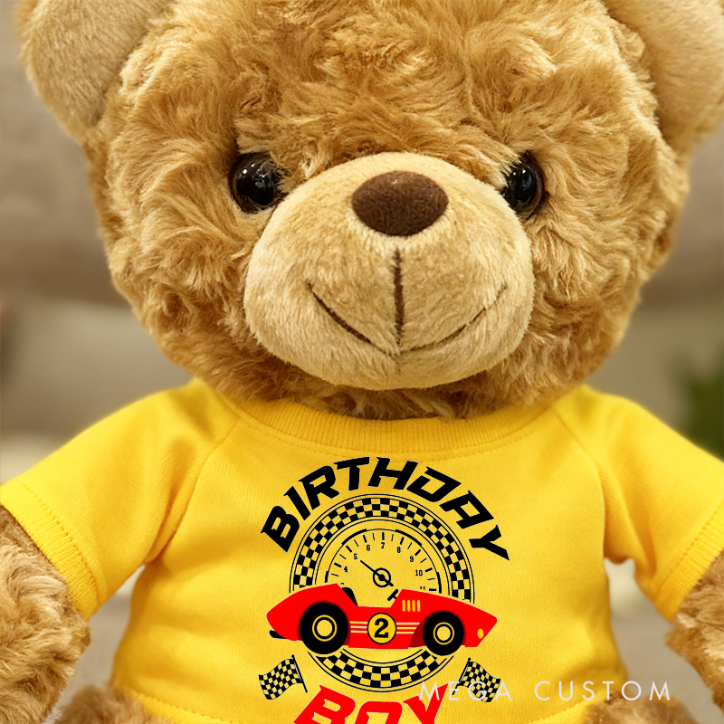Personalized Birthday Boy Brown Bear Plush Toy Custom Racing Age Gift