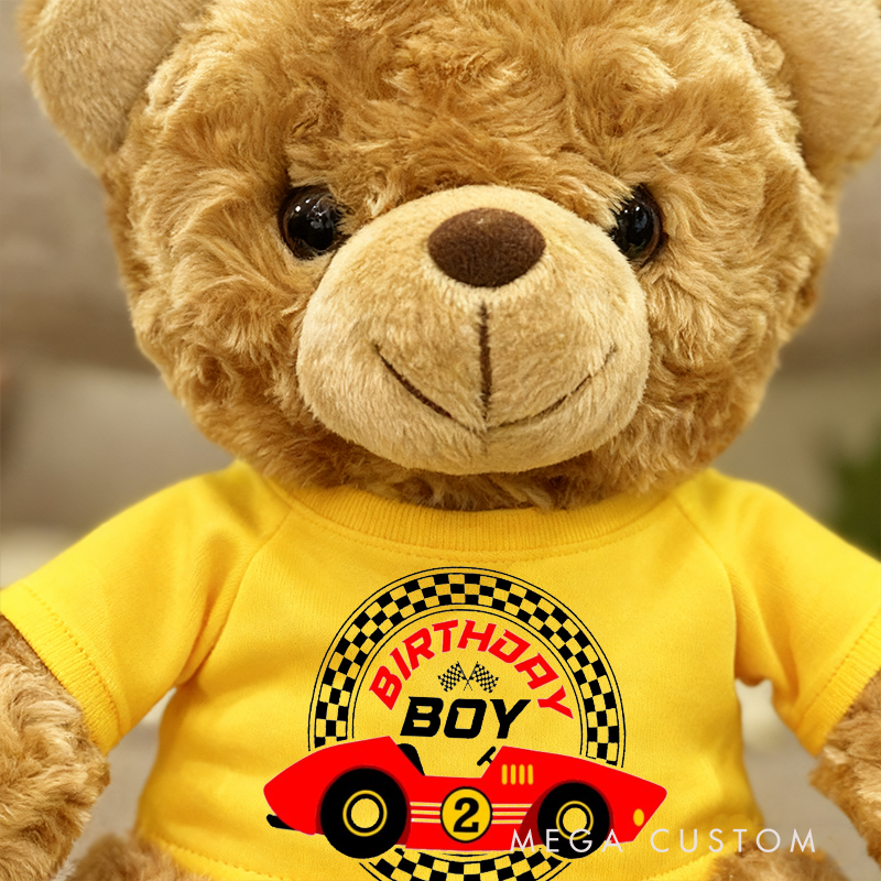 Personalized Birthday Boy Brown Bear Plush Toy Custom Racing Car Age Gift