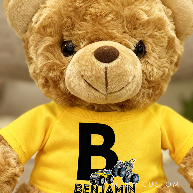 Personalized Initial Brown Bear Plush Toy Custom Name Monster Truck Gift