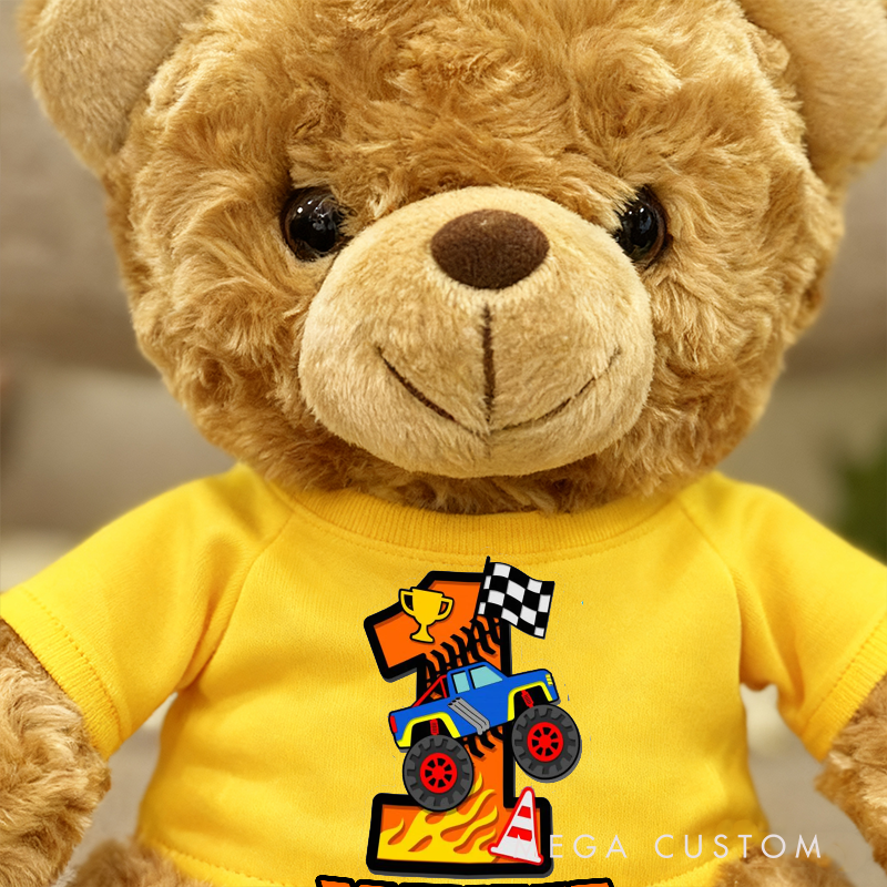 Personalized Monster Truck Brown Bear Plush Toy Custom Name Birthday Gift