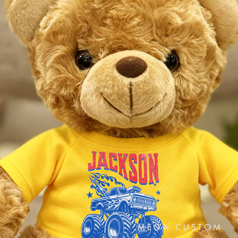 Personalized Monster Truck Brown Bear Plush Toy Custom Name Gift
