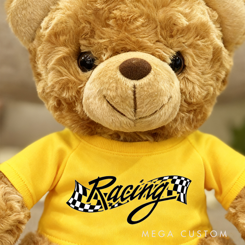 Personalized Racing Brown Bear Plush Toy Custom Checkered Flag Gift