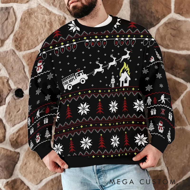 Personalized Firefighter Ugly Christmas Sweater Fun and Festive Gift for Firefighting Enthusiasts