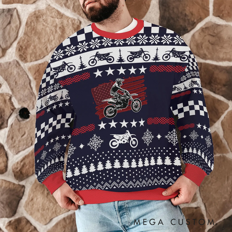 Personalized Motocross Ugly Christmas Sweater with American Flag and Dirt Bike Design Perfect Gift for Bikers