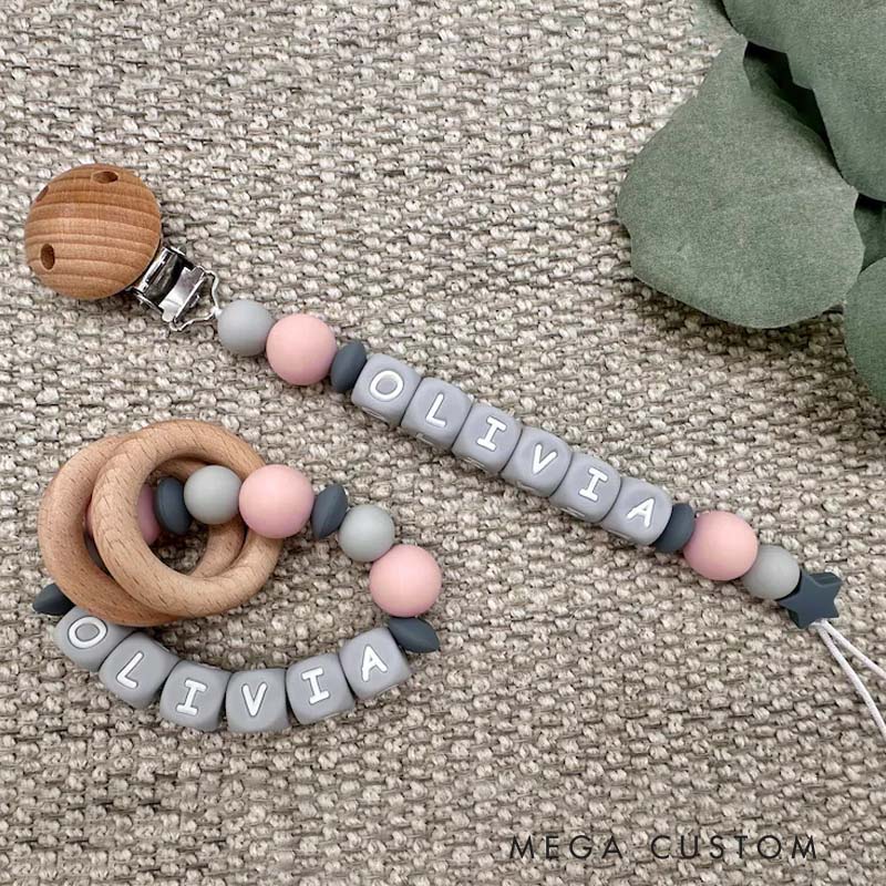 Personalized Baby Name Bead Soother Holders Pacifiers and Clips Baby Gifts
