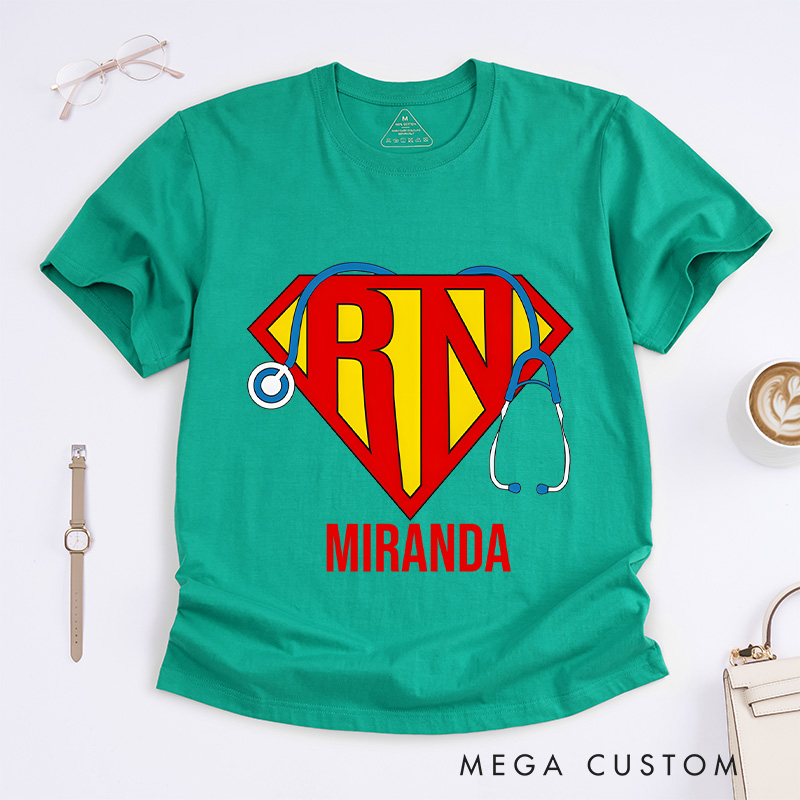 Personalized Nurse T-Shirts Super RN Hero Shield Fashion Design T-Shirts