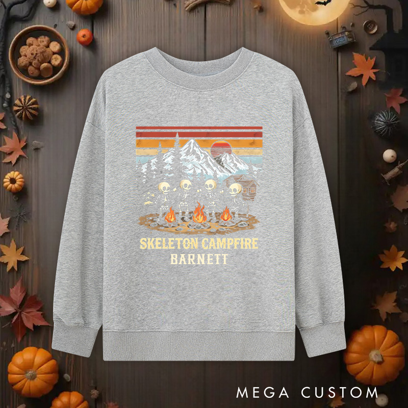 Personalized Skeleton Campfire Classic Sweatshirts Camping Hiking Lovers Sweatshirts Halloween Gift Outdoor