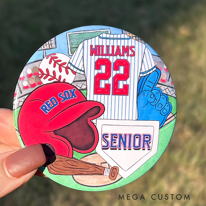 Personalized Senior Baseball Button Pin with Team and Player Details  