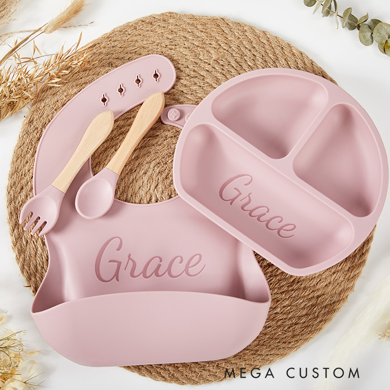 Personalized Silicone Weaning Set Cartoon Weaning Set for Baby Feeding Set with Name Eco-Friendly Baby Plate Baby Shower Gift