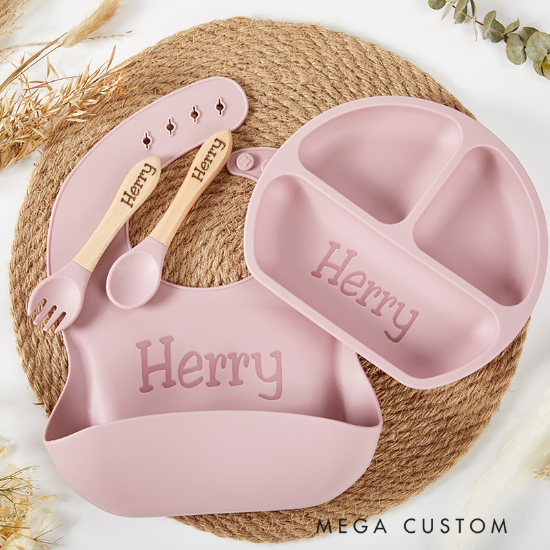 Personalized Engraved Silicone Baby Weaning Set Baby Feeding Plate and Bib Unique Baby Shower Gift  Baby Essentials Baby Shower Gift