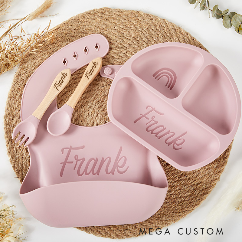 Personalized Feeding Set with Name Cartoon Weaning Set for Baby Eco-Friendly Baby Plate Silicone Weaning Set Baby Shower Gift Birthday Gift