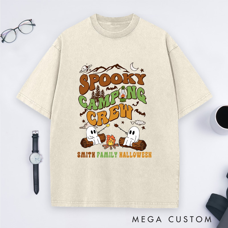 Personalized Spooky Camping Crew Washed T-Shirt a Haunted Campfire Adventure T-Shirt Halloween Gift Outdoor Lover