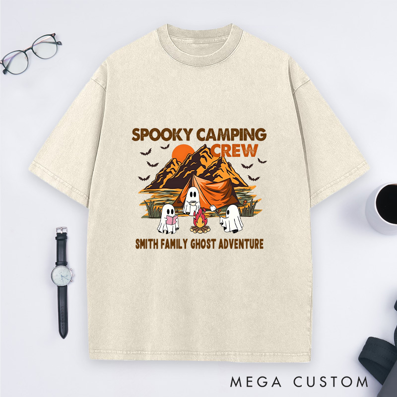 Personalized Spooky Camping Crew Washed T-Shirt Ghostly Adventures Shirt Halloween Gift Hiking Outdoors