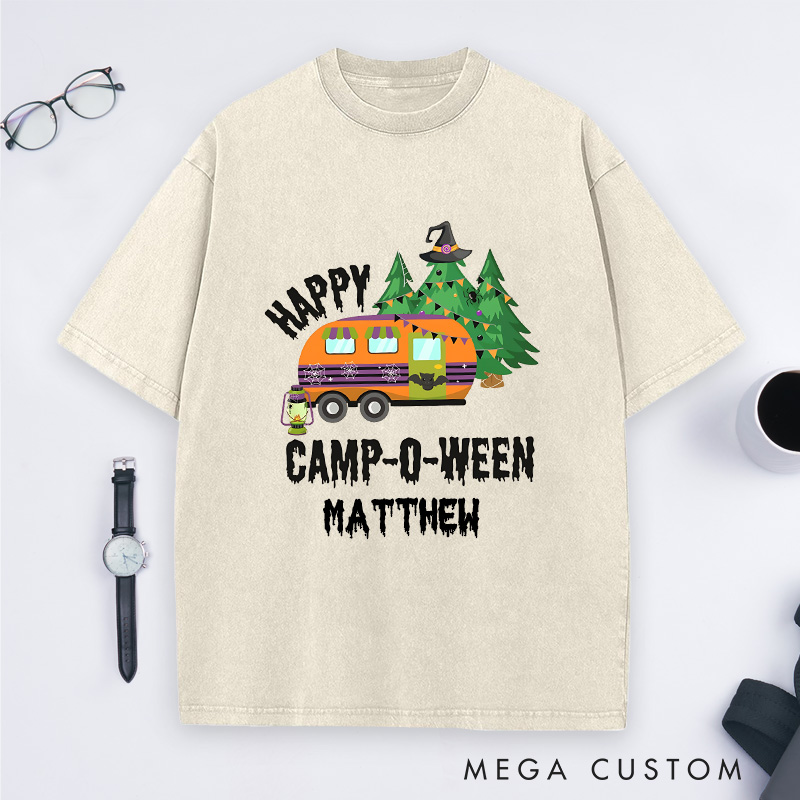 Personalized Happy Camper Halloween Washed T-Shirt Outdoor Camping Adventure Shirt Halloween Gift for Hiking