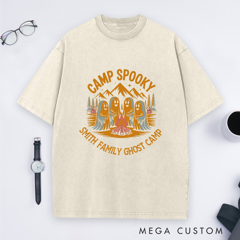 Personalized Camp Spooky Washed T-Shirt Ghostly Camping Shirt Halloween Gift for Outdoor Adventures