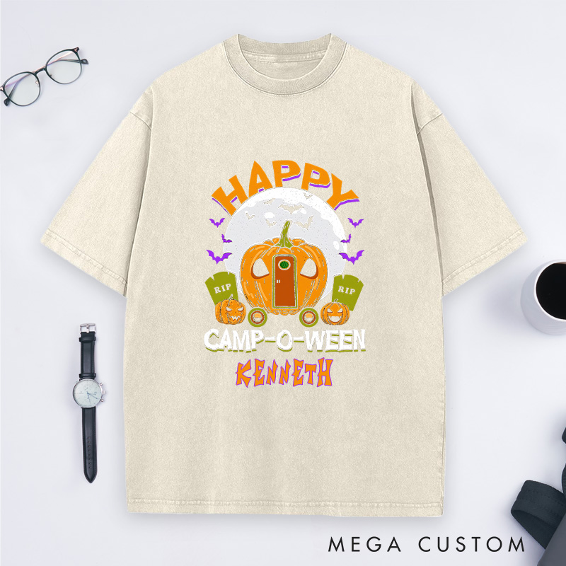 Personalized Happy Camp Halloween Washed T-Shirt Halloween Camping Shirt Gift for Outdoor
