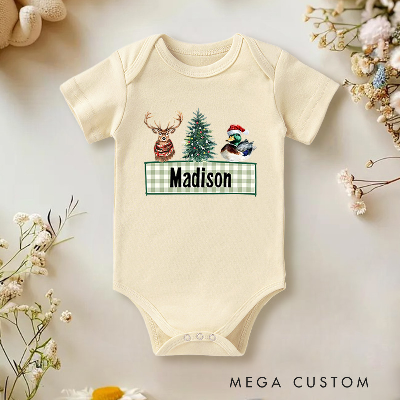 Personalized Holiday Reindeer and Tree Baby Onesie Perfect for Adding Fun to Holiday Family Outfits Baby Onesie