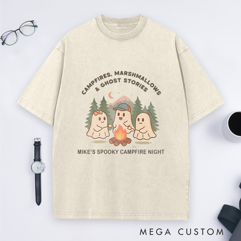 Personalized Campfires Marshmallows Ghost Stories Washed T-Shirt Halloween Outdoor Camping Shirt Halloween Gift