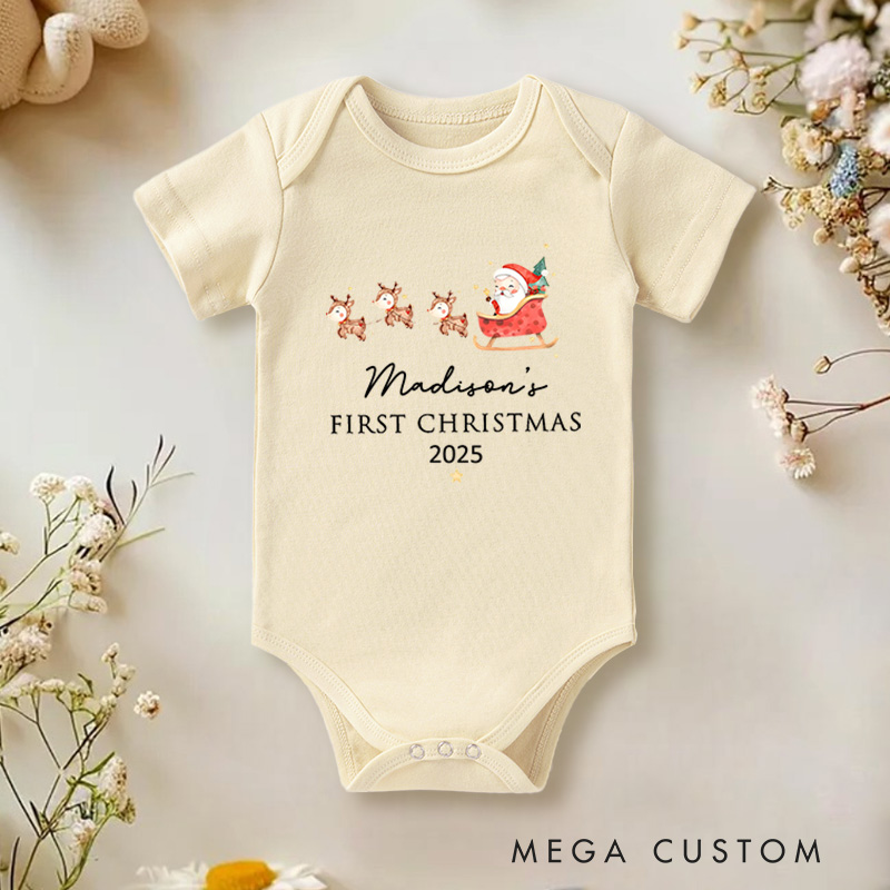 Personalized First Christmas Santa and Reindeer Baby Onesie Perfect for Cherishing a Baby’s Holiday Season Baby Onesie