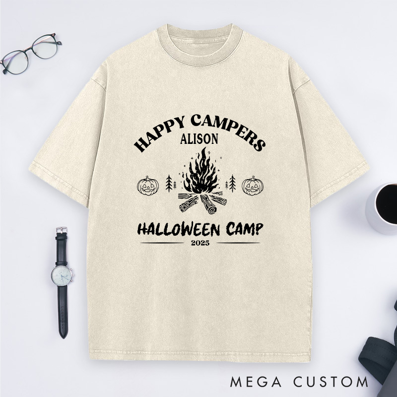 Personalized Halloween Happy Campers Washed T-Shirt Outdoor Bonfire Shirt Halloween Gift for Hiking