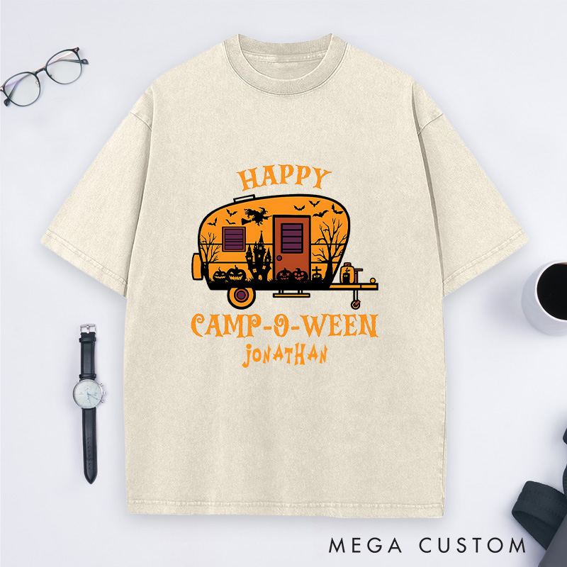 Personalized Halloween Camping Adventure Washed T-Shirt Happy Halloween Shirt Gift for Outdoor