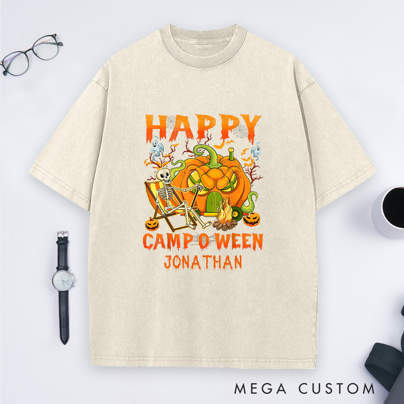 Personalized Camper Halloween Washed T-Shirt Skeleton Camping Car Pumpkin Shirt Halloween Gift Outdoor