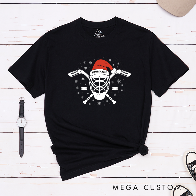 Personalized Hockey T-Shirt with Custom Name and Festive Santa Hat Design