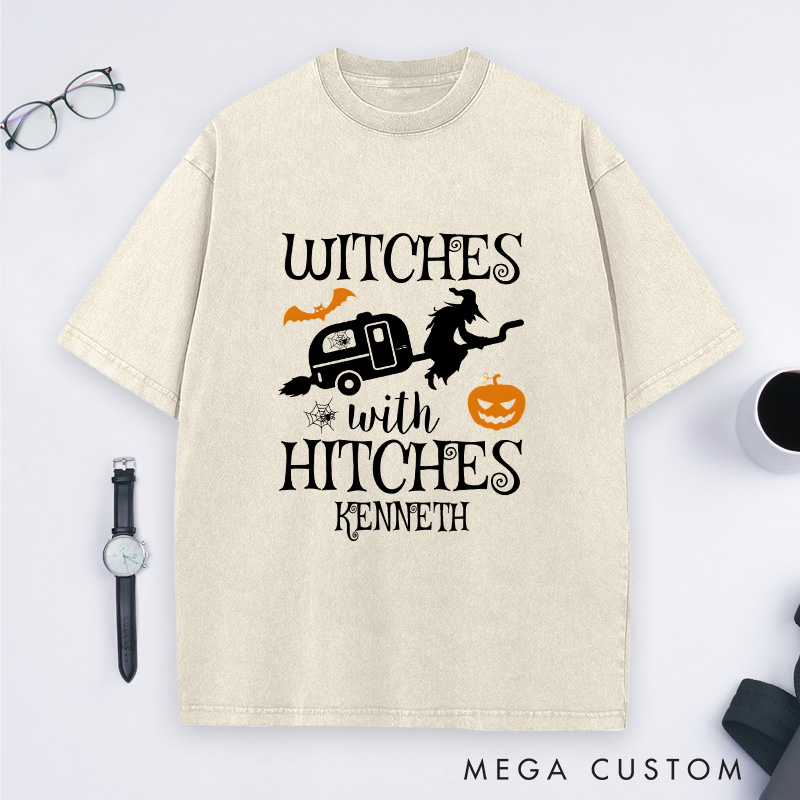 Personalized Witches with Hitches Washed T-Shirt Campers Life Lovers Shirt Spooky Pumpkin Shirt Halloween Gift Outdoor
