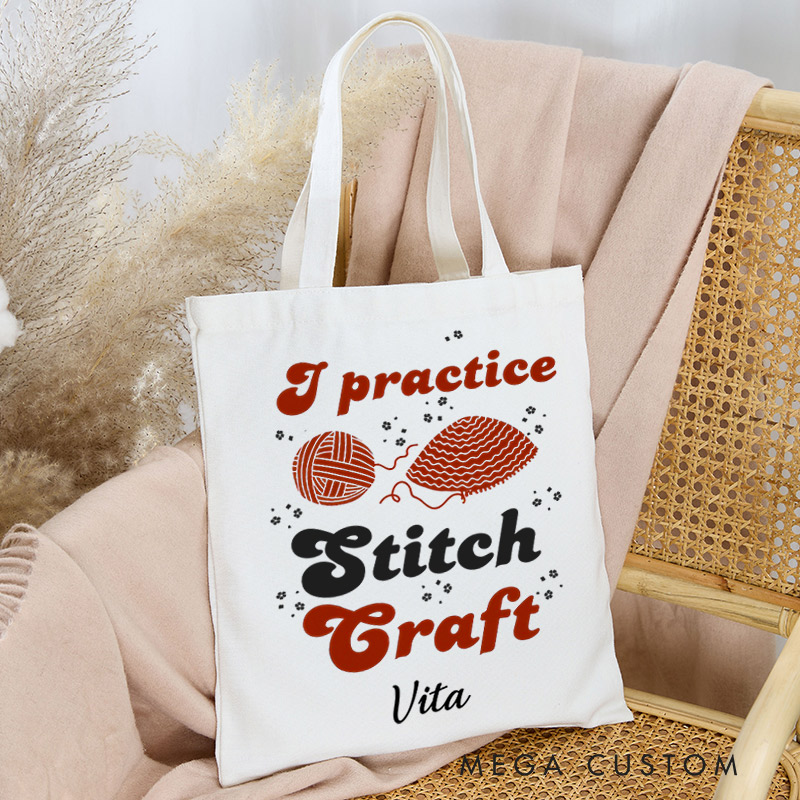 Personalized I Practice Stitch Craft Tote Bag Gift for Crocheting Lovers Funny Gift for Halloween